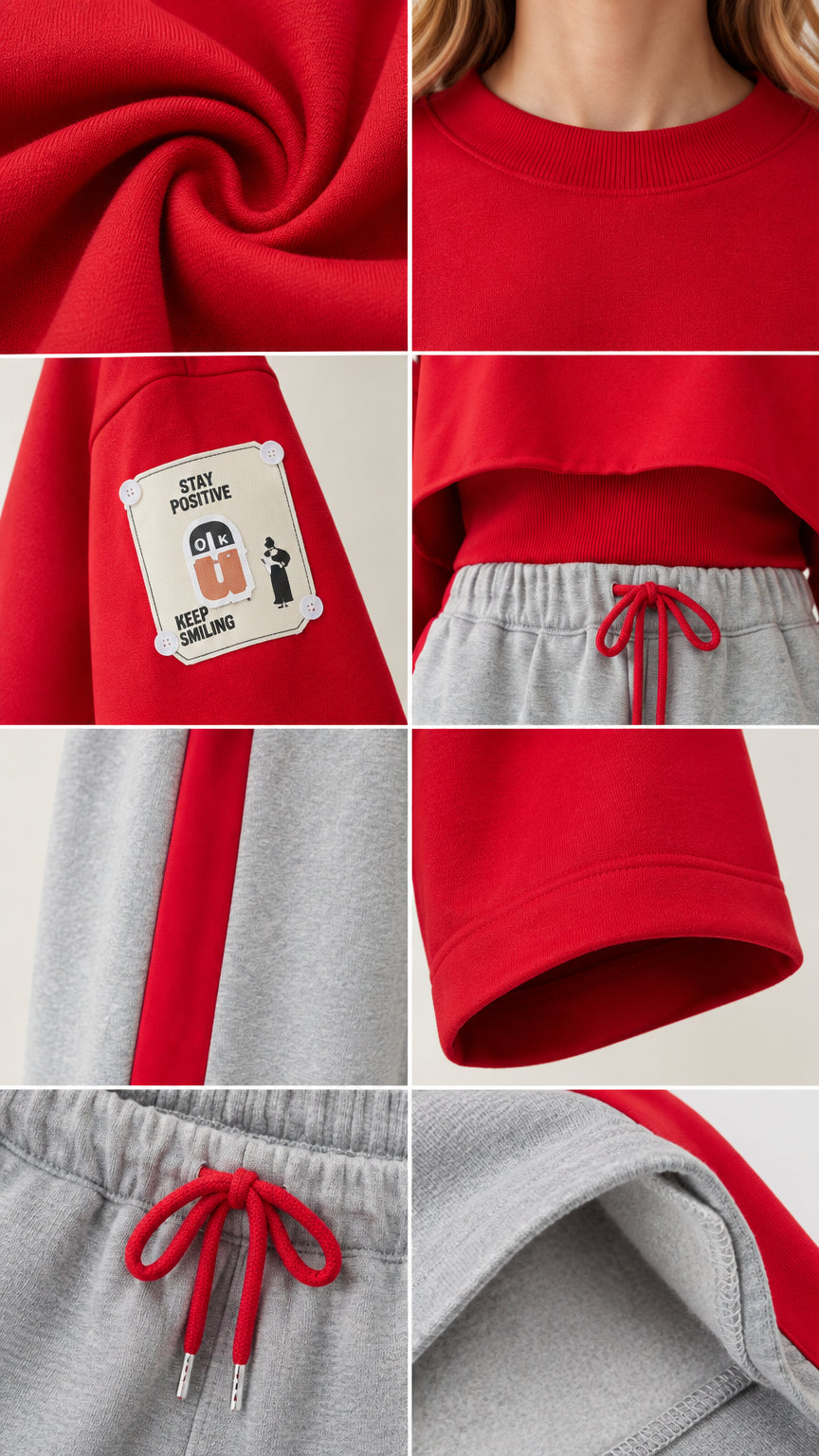 Close-up details of knit fabric, crew neckline, sleeve graphic patch, drawstring waist, and seam construction
