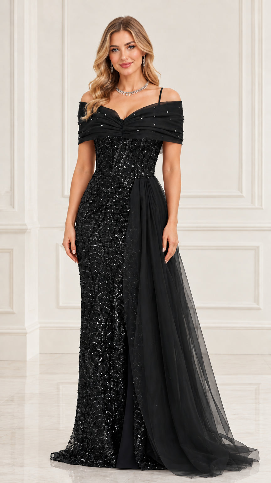Model wearing black sequin off-the-shoulder evening gown with black tulle drape