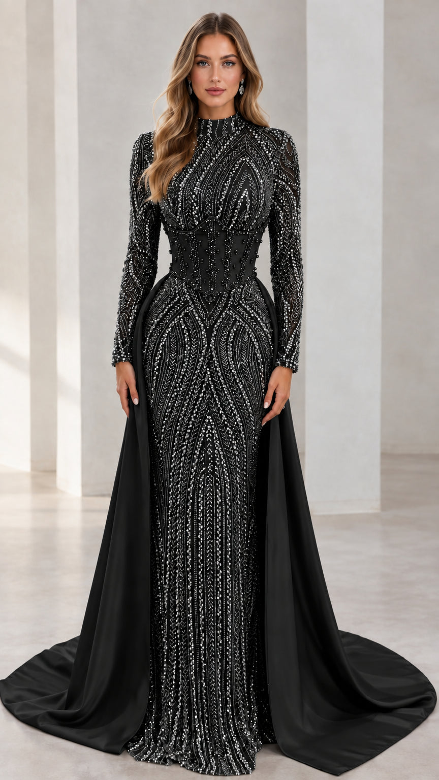 Black high neck long sleeve beaded evening gown with attached overskirt train