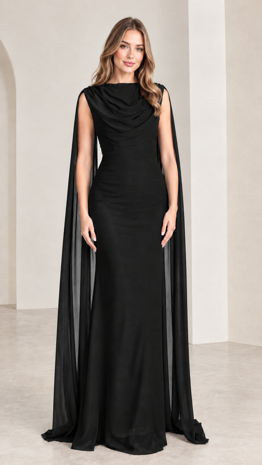 Model wearing classic black cowl neck cape maxi evening gown