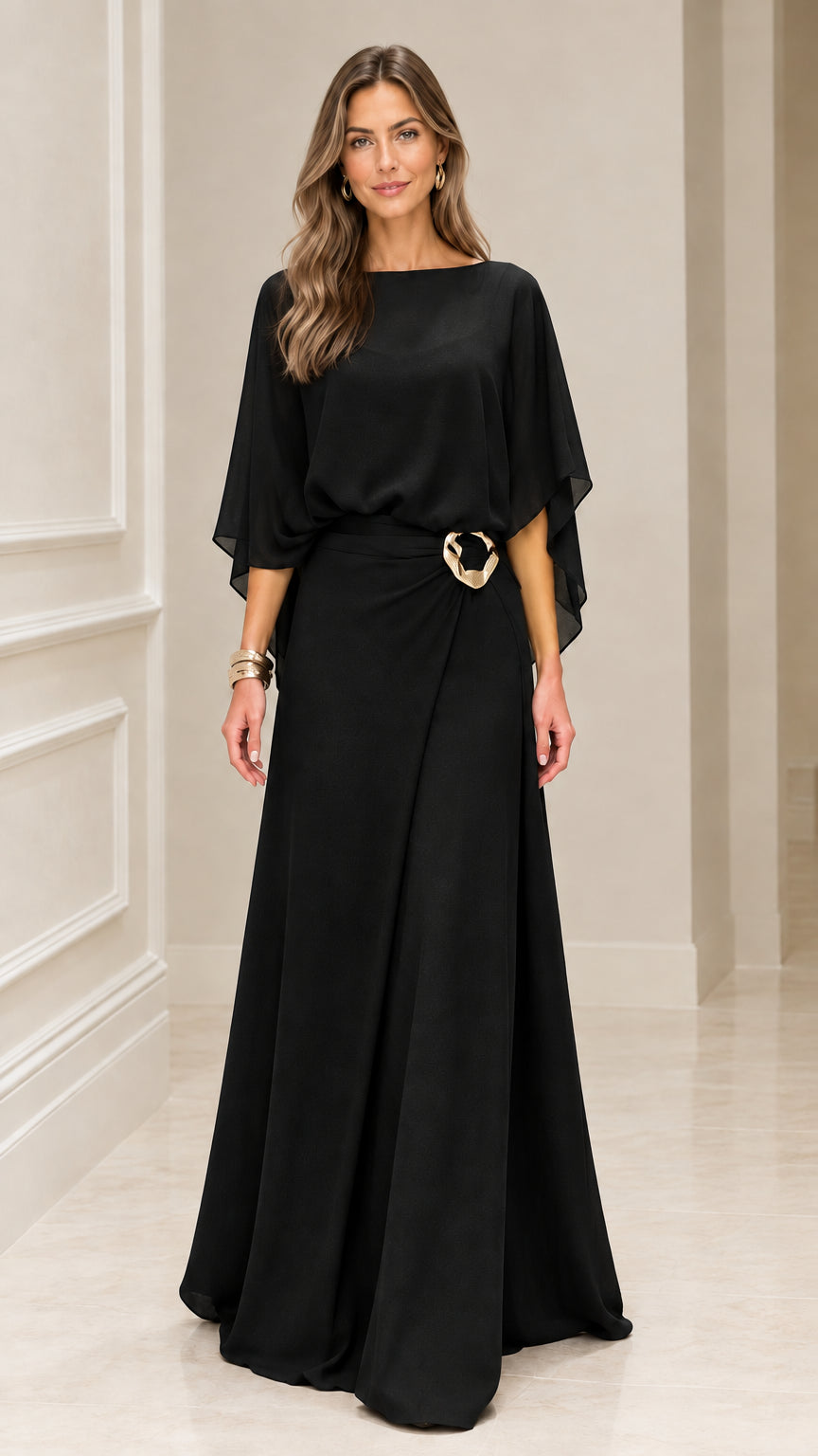 Front view of Black cape sleeve evening maxi gown with metallic buckle