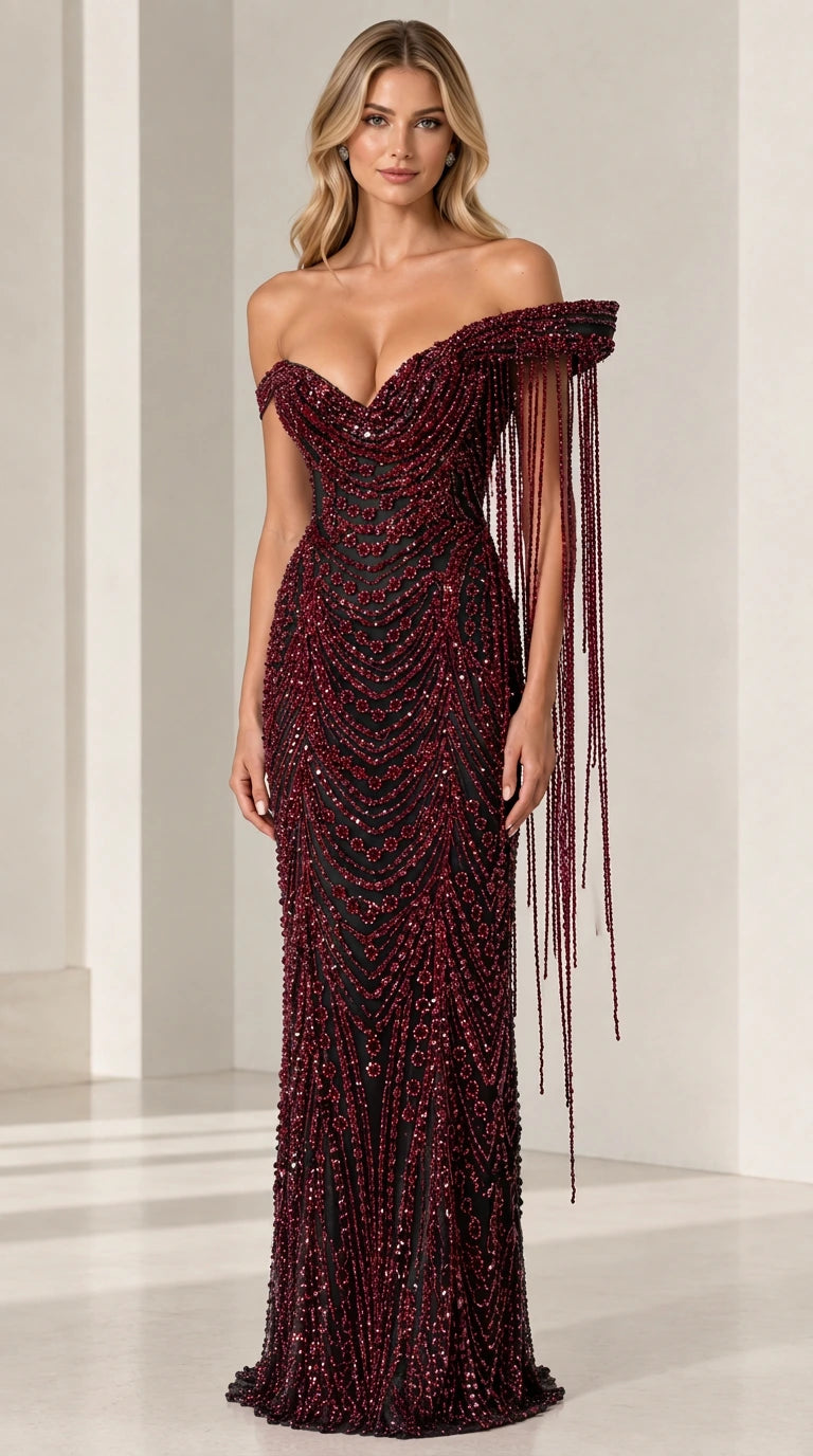 Dark wine red off-the-shoulder beaded fringe evening gown