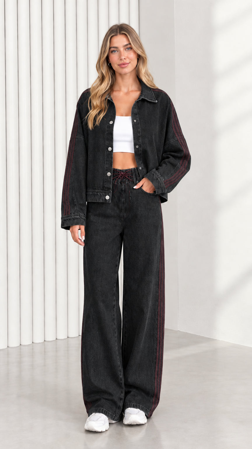 Model wearing Washed Black denim jacket and wide leg pants set with side tape