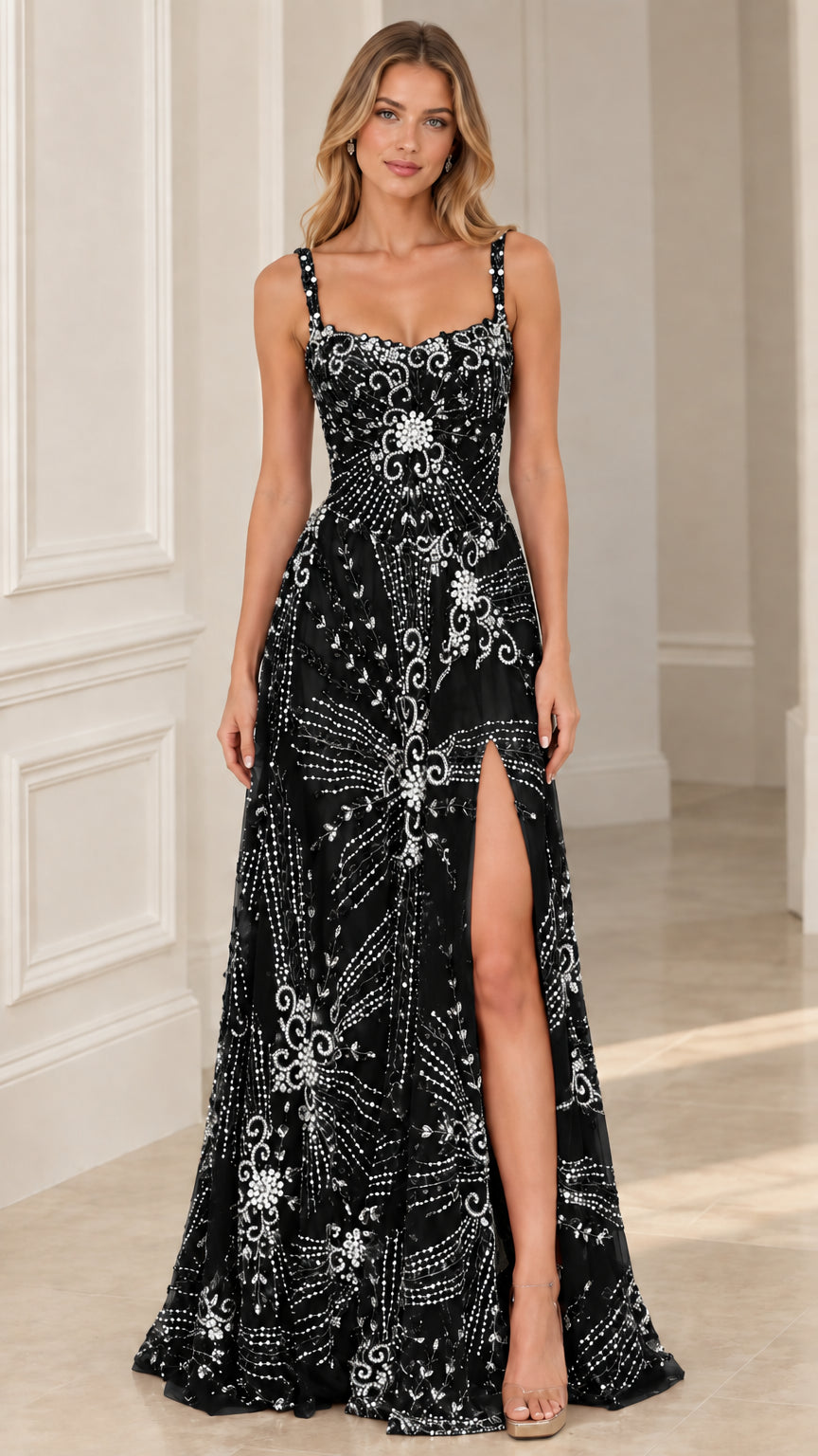 Front full-length view of Black beaded evening gown with side leg slit