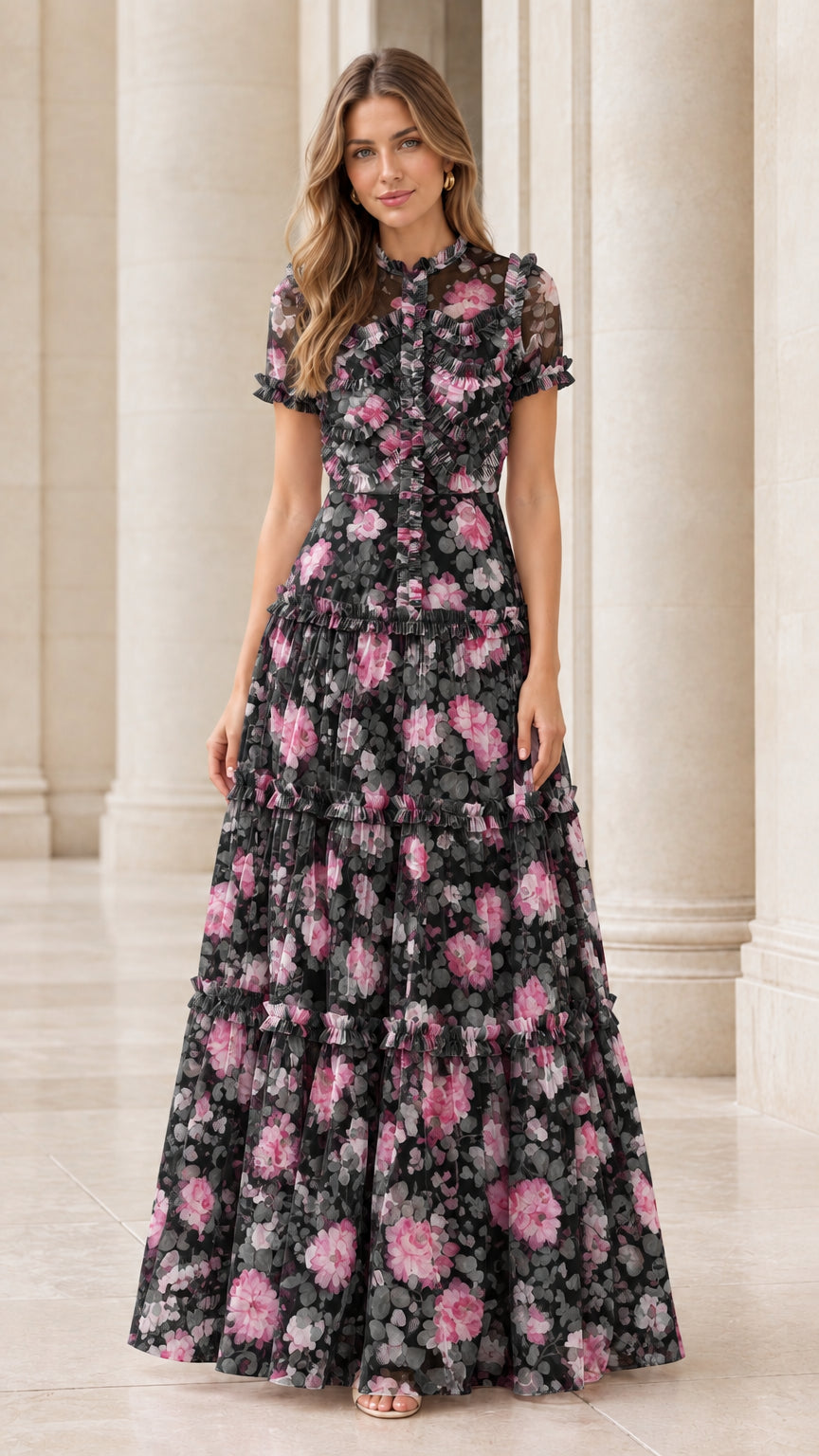 Front full view of the black floral ruffle tiered maxi dress