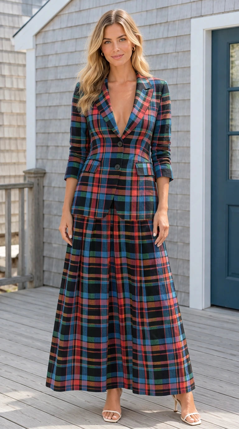 Navy multi dark plaid blazer and pleated maxi skirt two-piece set