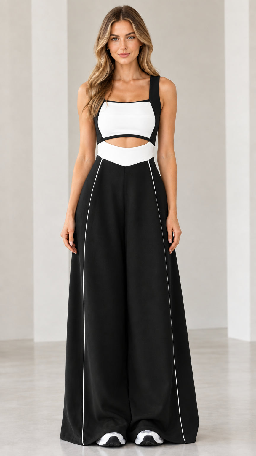 Front view of woman wearing black colorblock cutout wide-leg jumpsuit