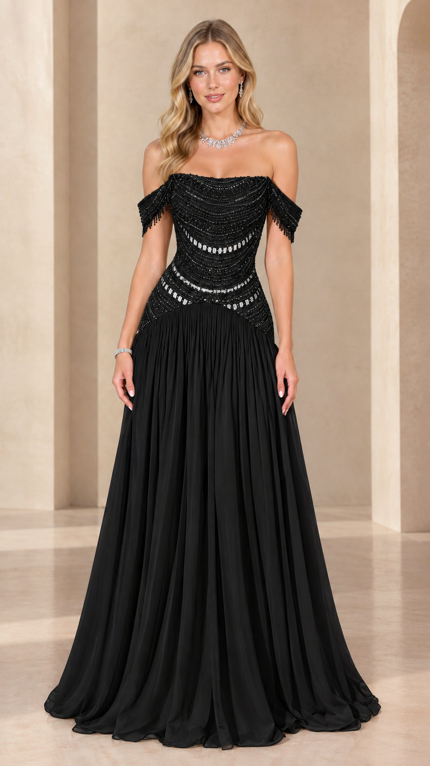 Full-length front view of classic black off-the-shoulder beaded evening gown