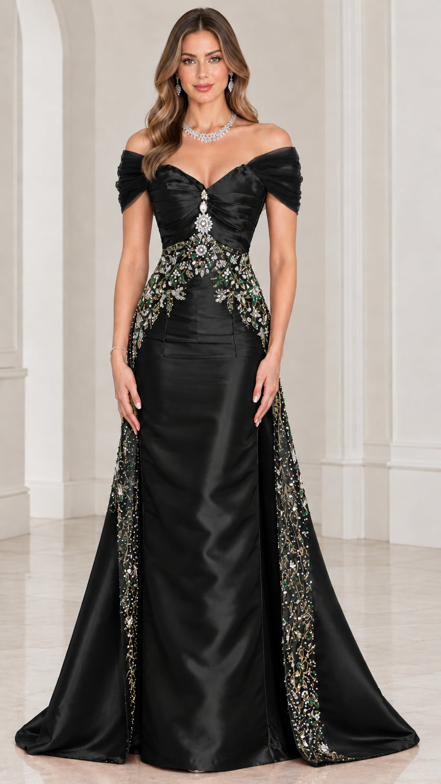 Front view of black satin off-the-shoulder evening gown with beaded waist accent