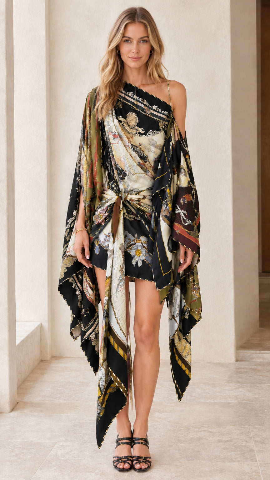 Front view of model wearing Black Multi scarf print one-shoulder draped mini dress