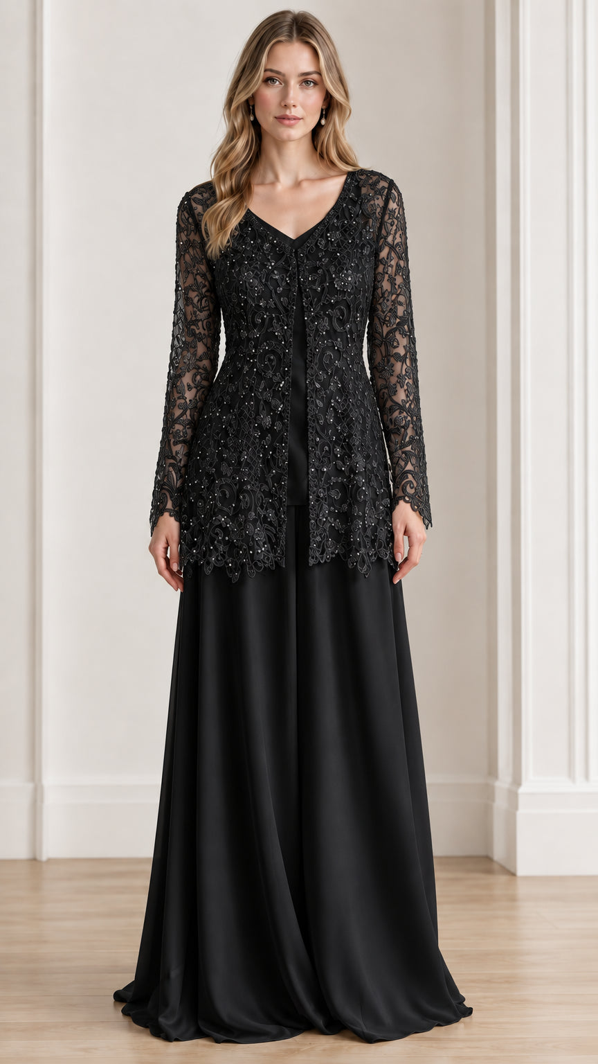 Black women's formal lace tunic and palazzo pants evening suit