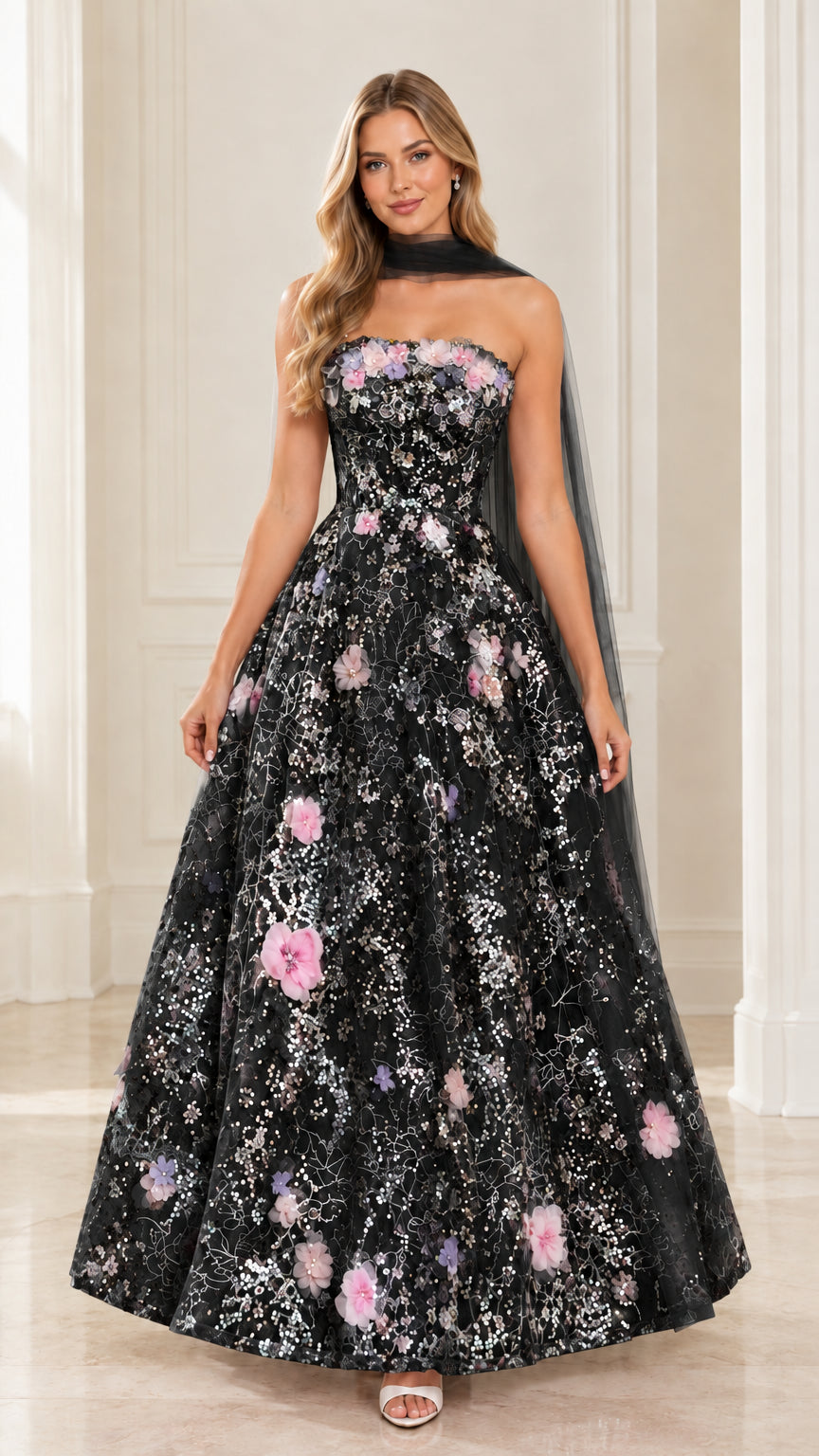 Front view of model wearing black strapless 3D floral sequin gown with matching black scarf