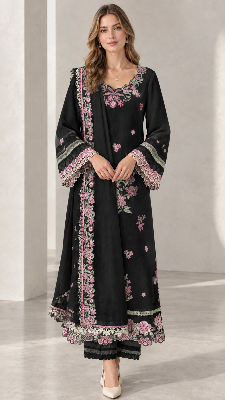 Full front view of model wearing Black floral embroidered 3-piece kurta set with scarf