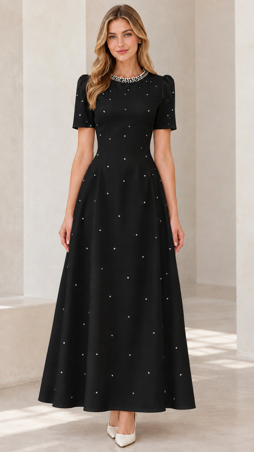 Front view of black pearl-embellished short sleeve A-line maxi dress