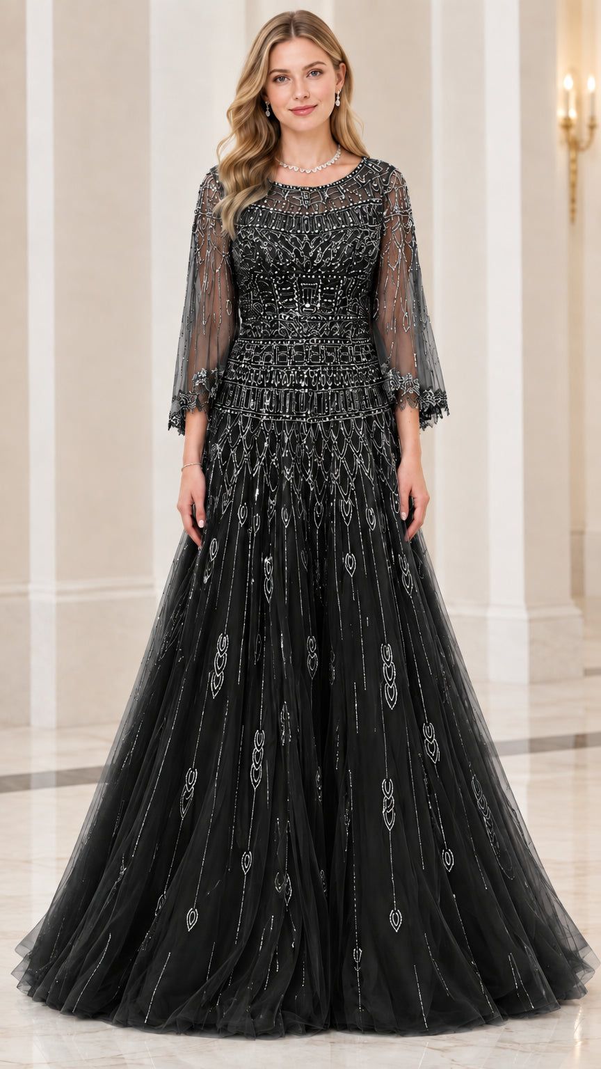Front view of black beaded tulle A-line evening maxi gown