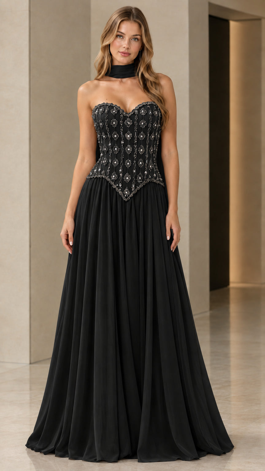 Front view of black beaded basque waist formal evening gown