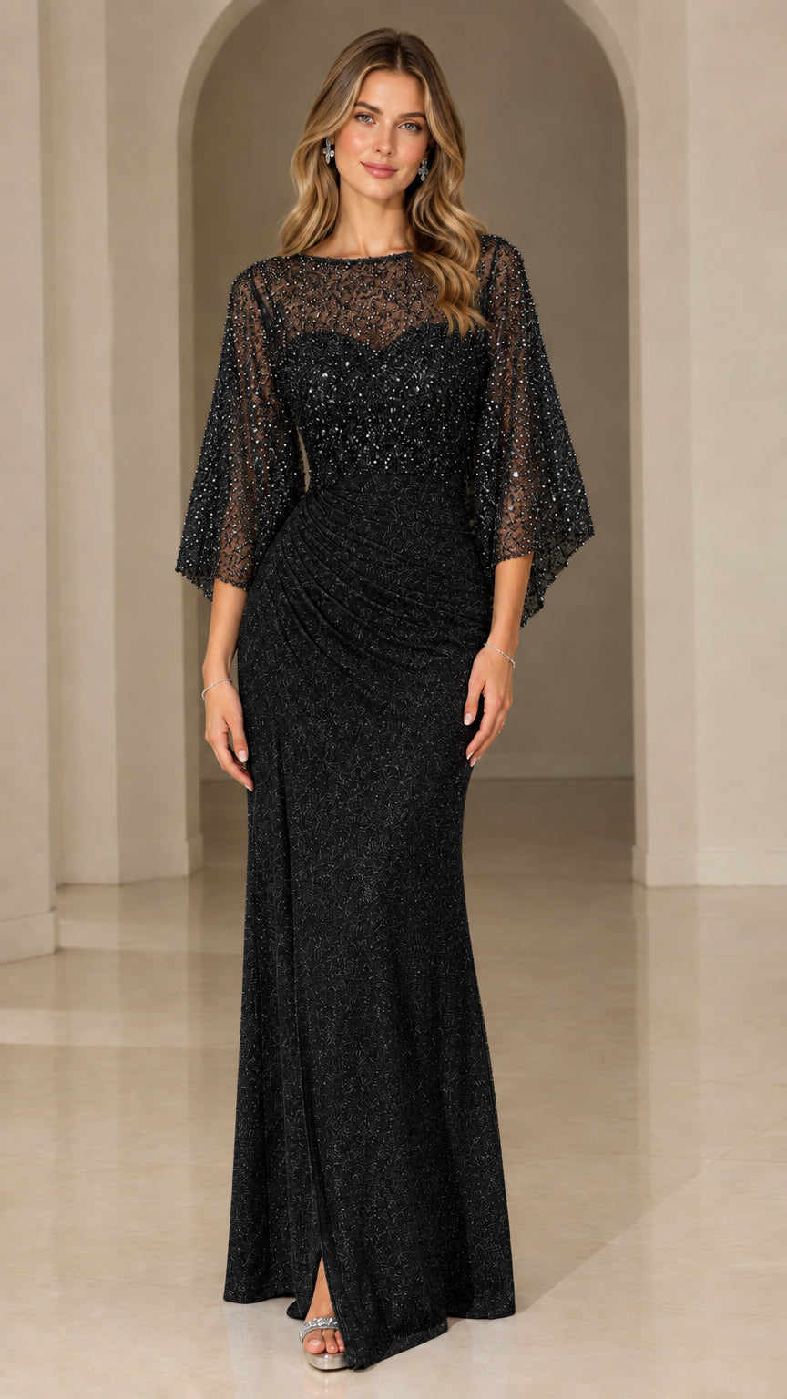 Black sequined flutter sleeve ruched evening gown on model