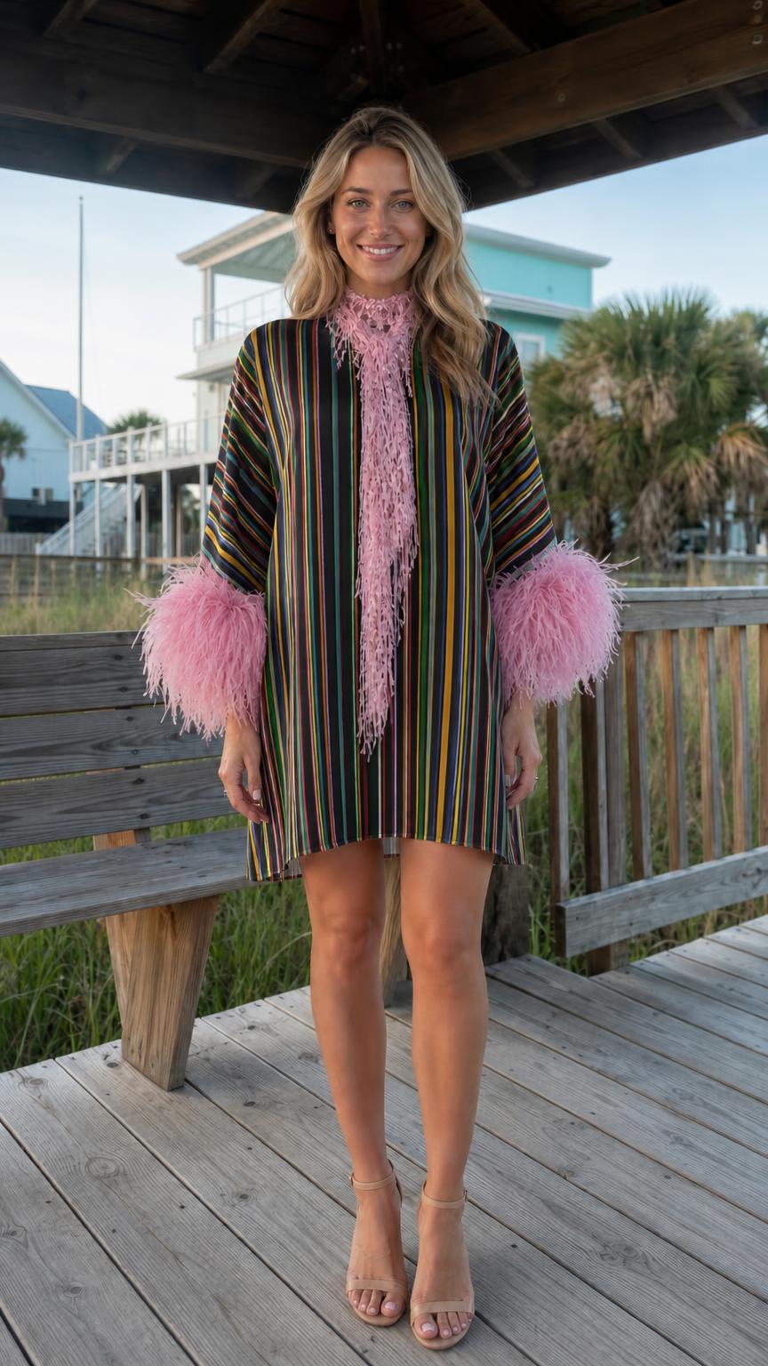 Front view of model wearing black stripe dress with pink feather cuffs