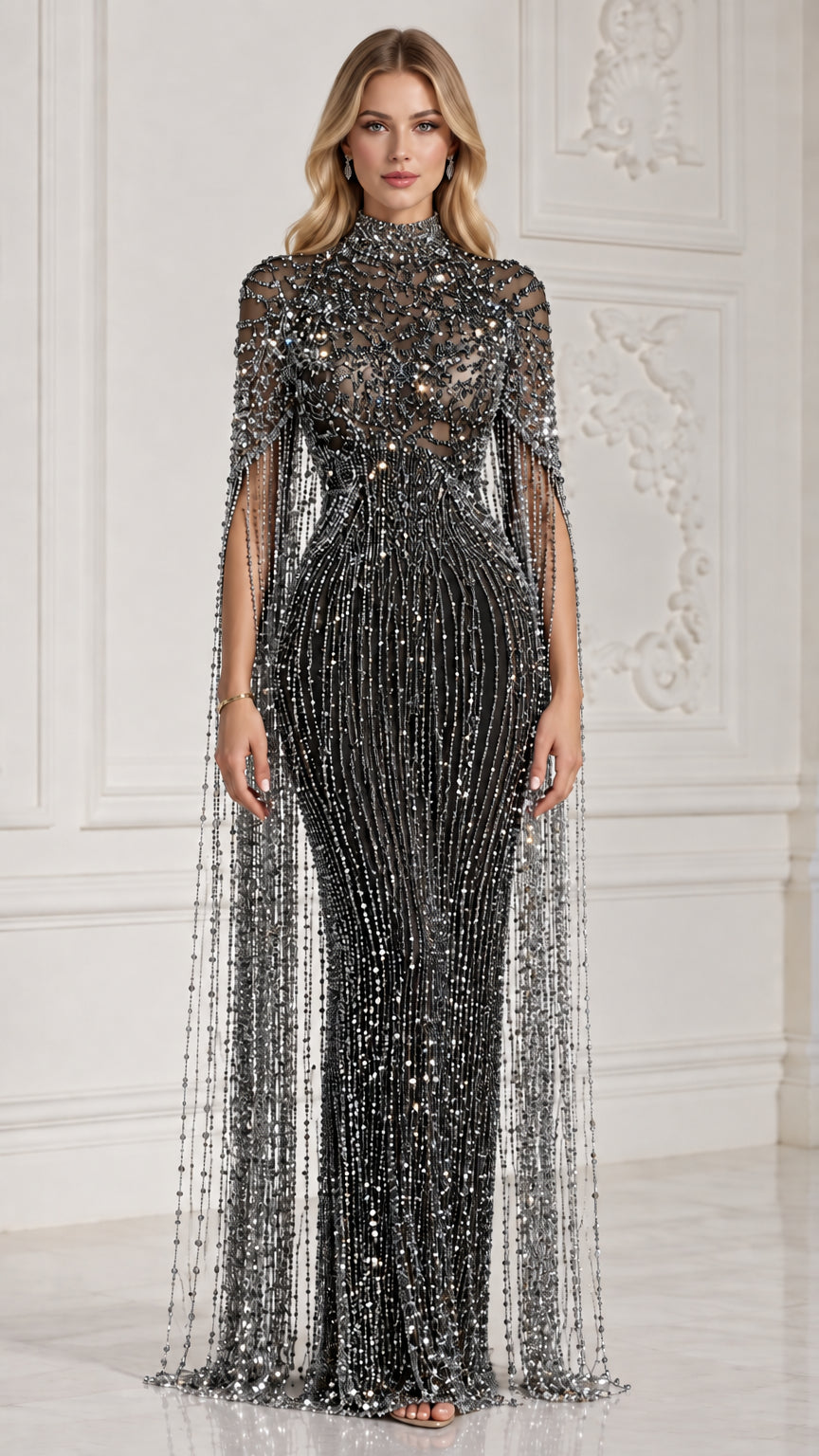 Classic Black high neck beaded evening dress with shimmering cape sleeves on model
