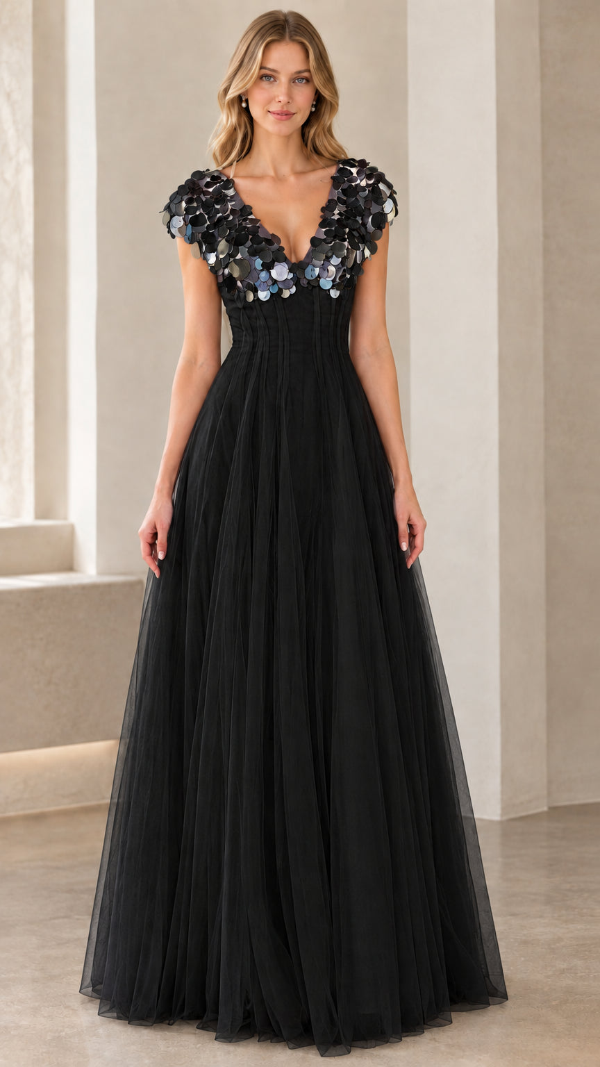 Model wearing black sequin embellished tulle evening gown