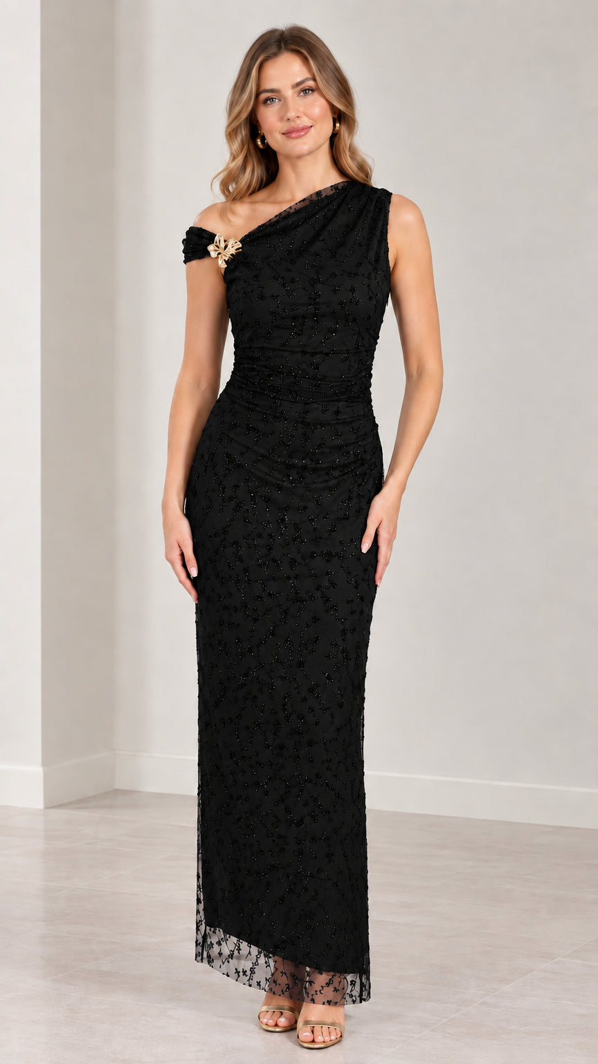 Full-length view of black one-shoulder beaded formal maxi dress