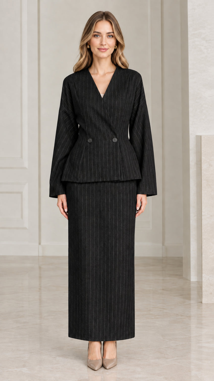 Black pinstripe collarless peplum top and long skirt two-piece outfit