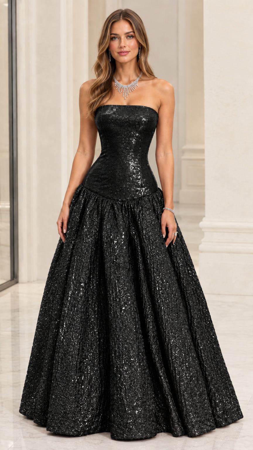 Model wearing Black strapless drop-waist metallic evening ball gown