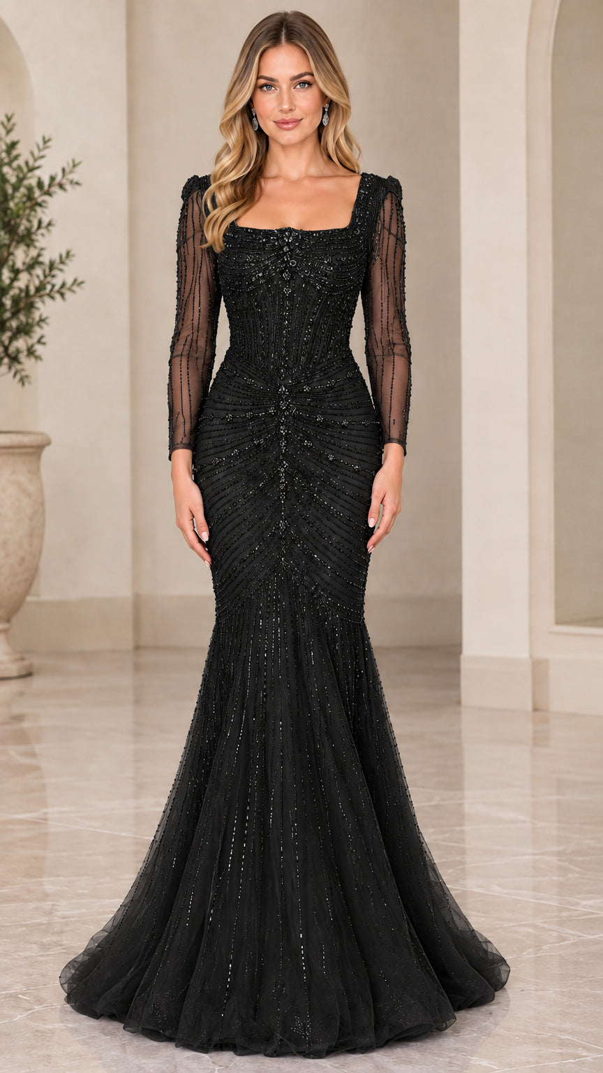 Classic black long sleeve beaded mermaid evening gown