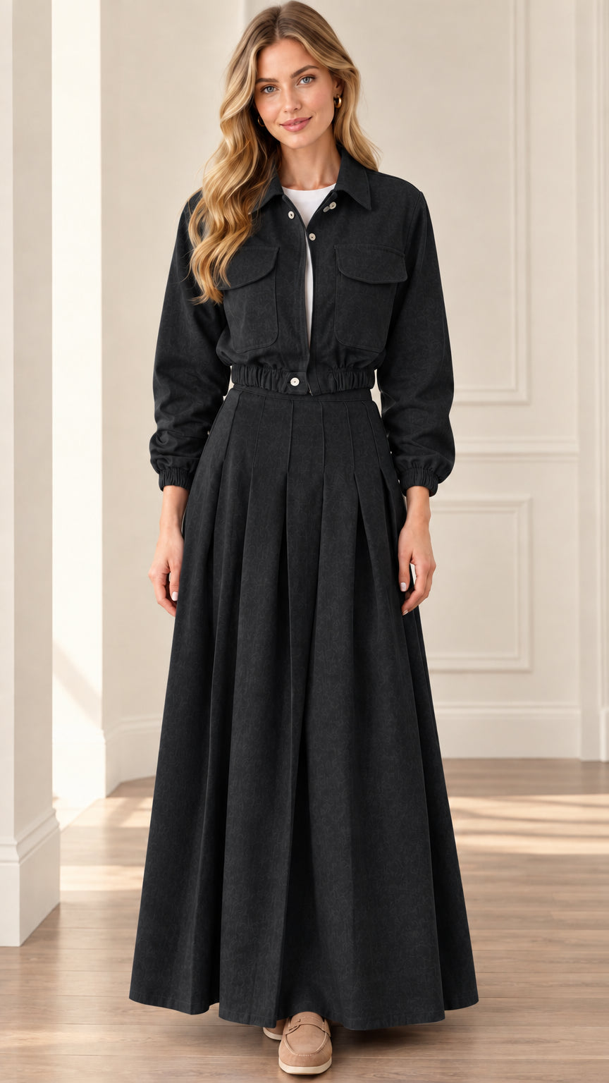 Women's black utility shirt and pleated maxi skirt two-piece set