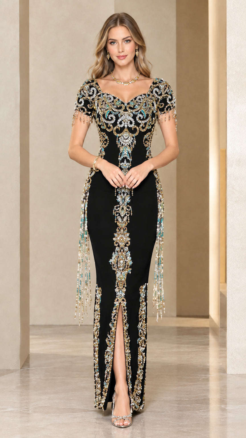 Black embellished sweetheart evening gown with beaded fringe and front slit