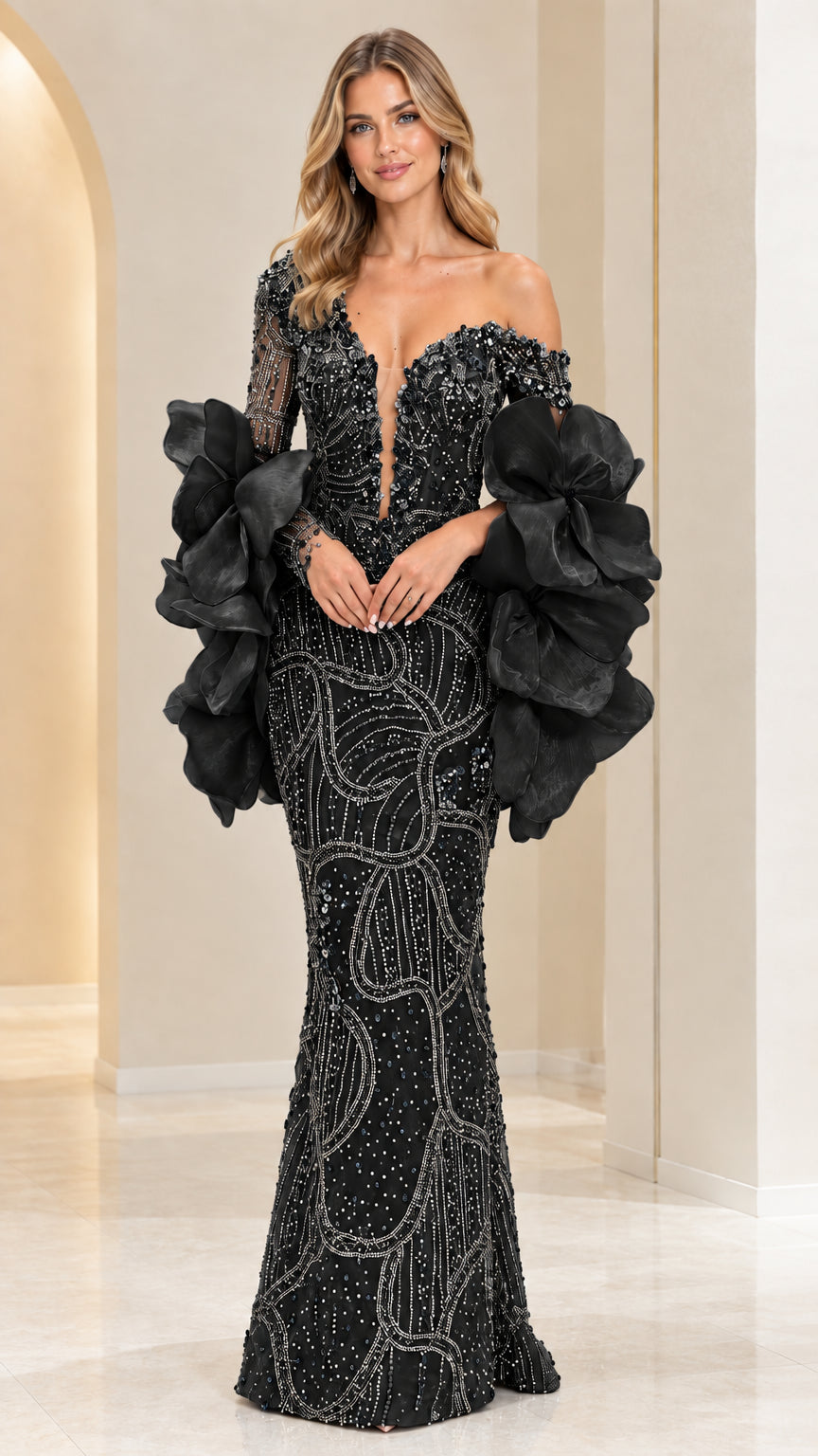 Model wearing Black beaded off-the-shoulder mermaid evening gown with voluminous statement sleeves