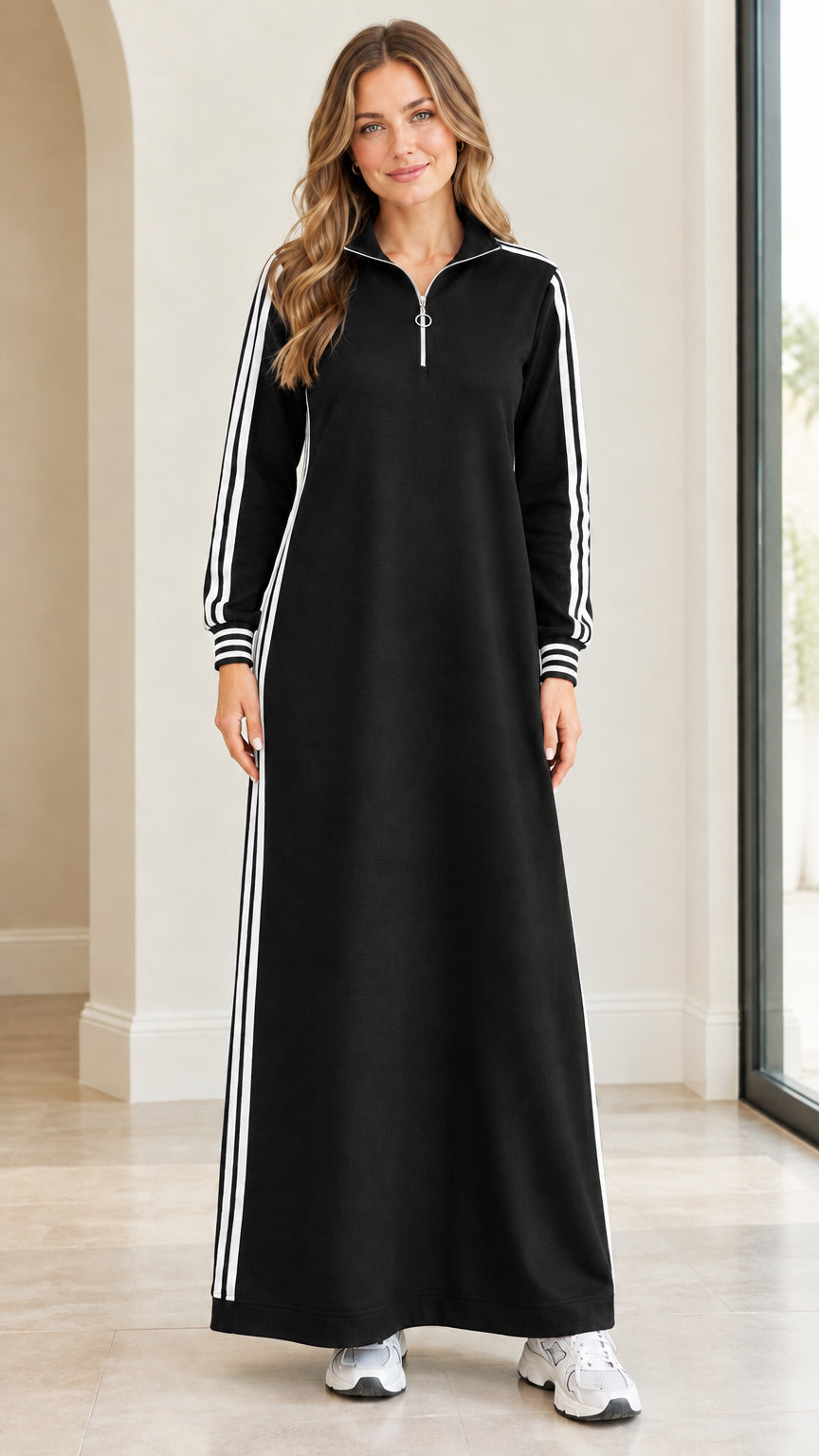 Front view of black long sleeve half-zip sporty maxi dress with white stripes