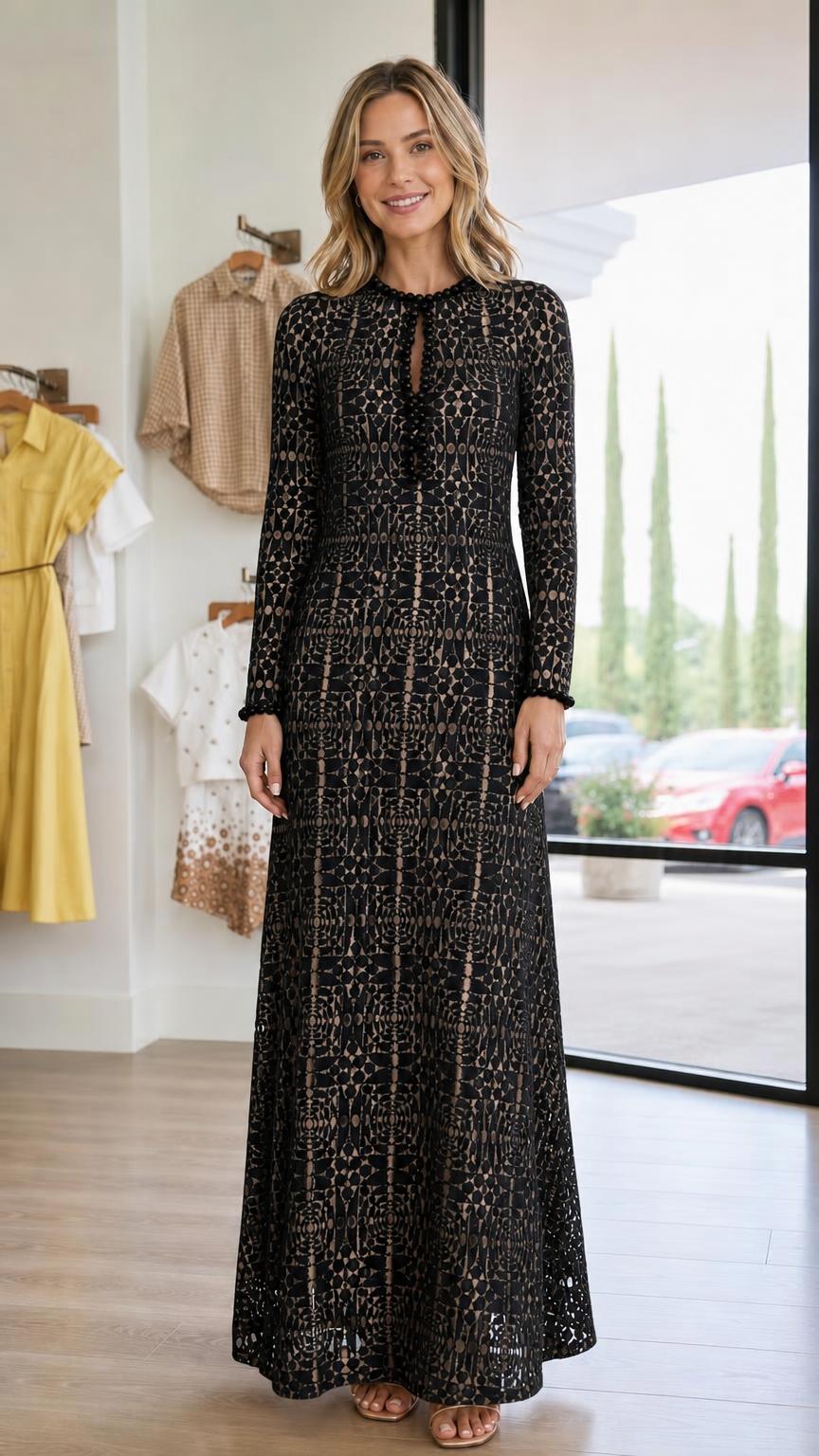 Front view of woman wearing black long-sleeve lace maxi dress