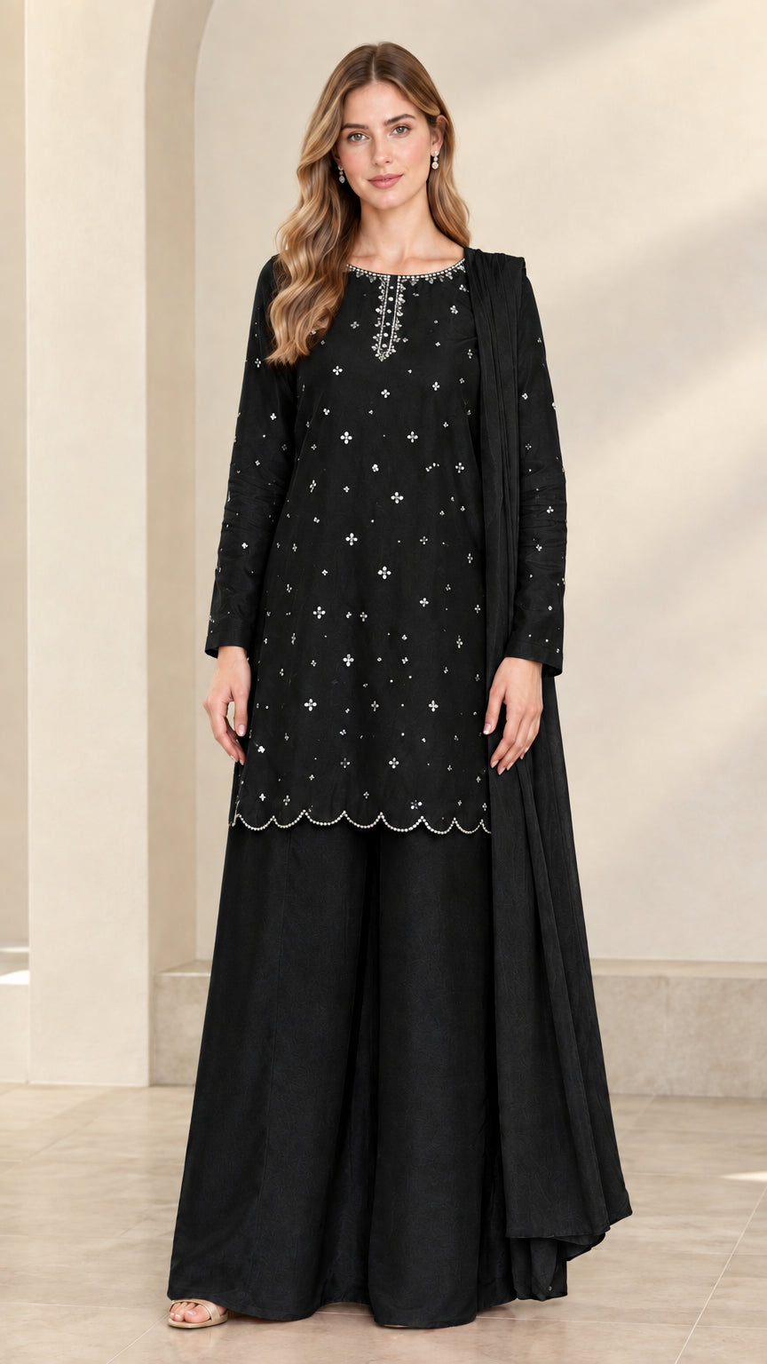 Full-length front view of black embellished tunic and wide-leg pant set with scarf