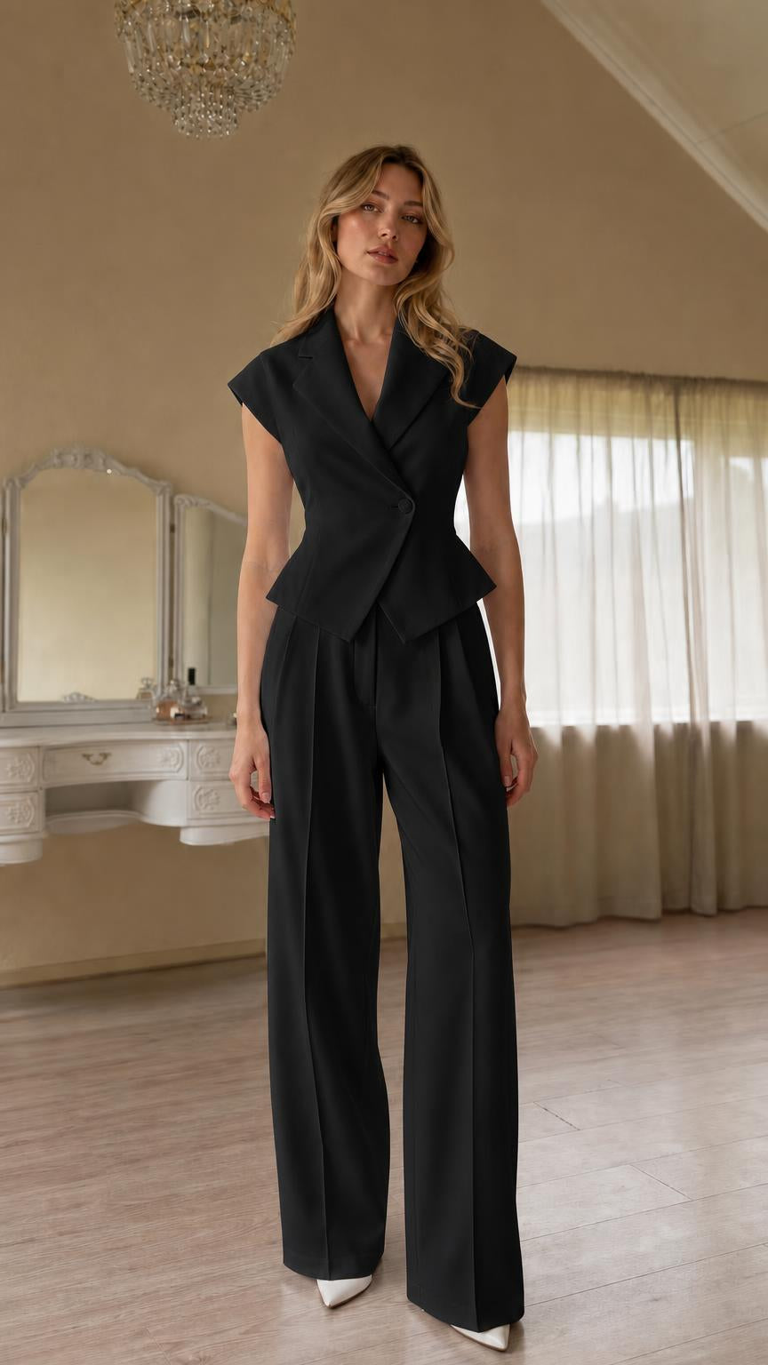 Full view of black color variant two-piece pants set