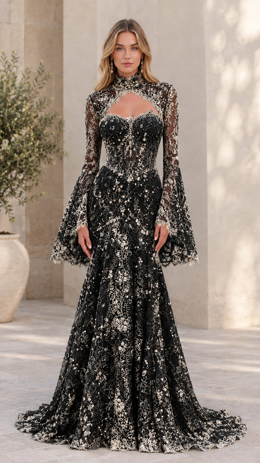 Front view of model wearing black sequin lace high-neck mermaid evening gown with flared sleeves