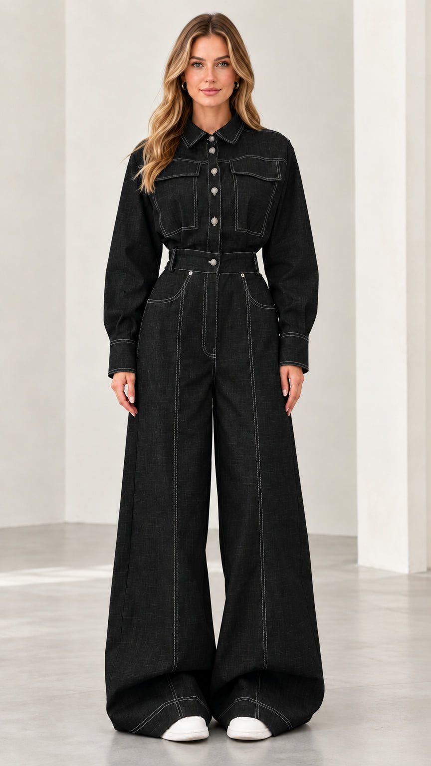 Front view of model wearing black contrast stitch wide-leg denim jumpsuit with belt