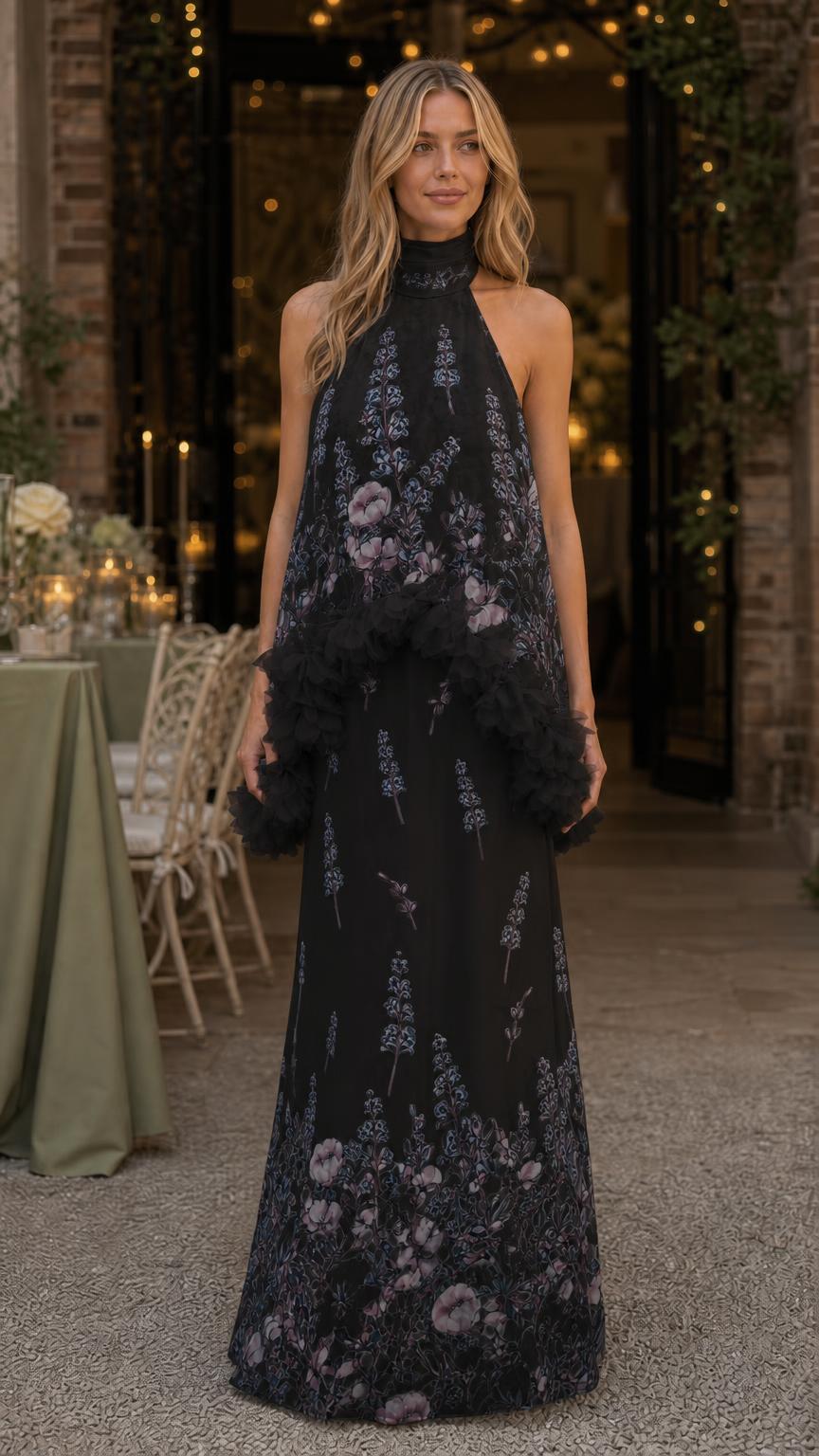 Model wearing black floral print ruffled halter maxi dress