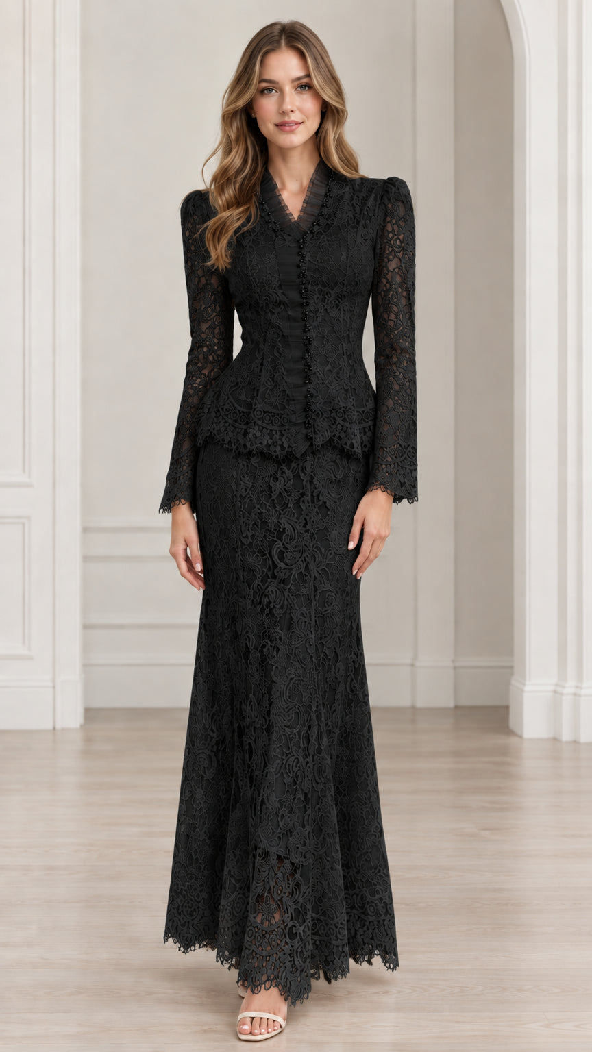 Front view of Black floral lace peplum formal two-piece skirt set