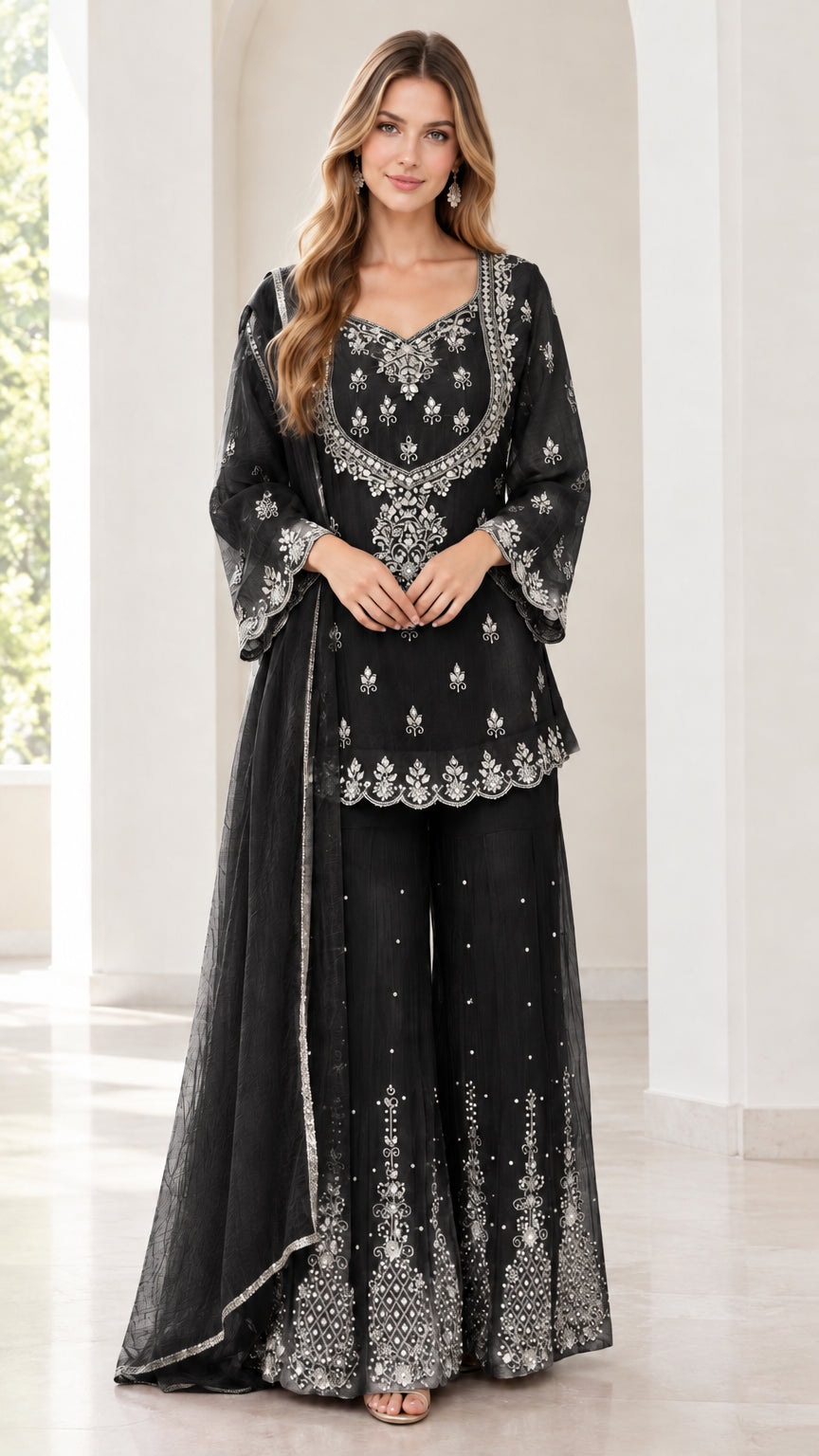 Full front view of women's embroidered black 3-piece sharara suit set