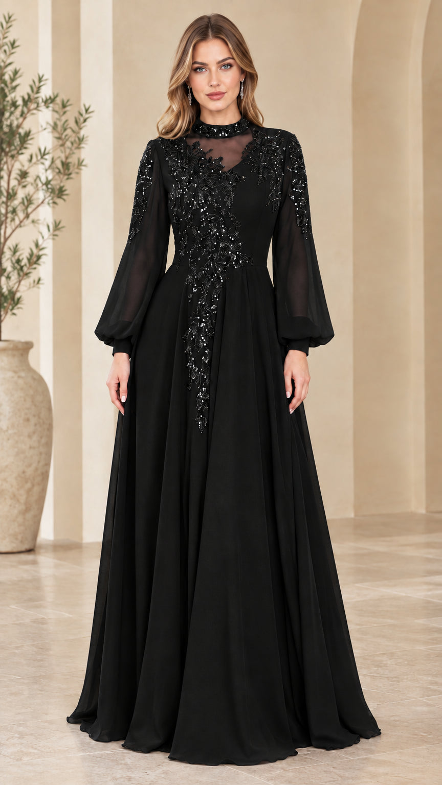 Front view of black sequin embroidered illusion long sleeve maxi gown