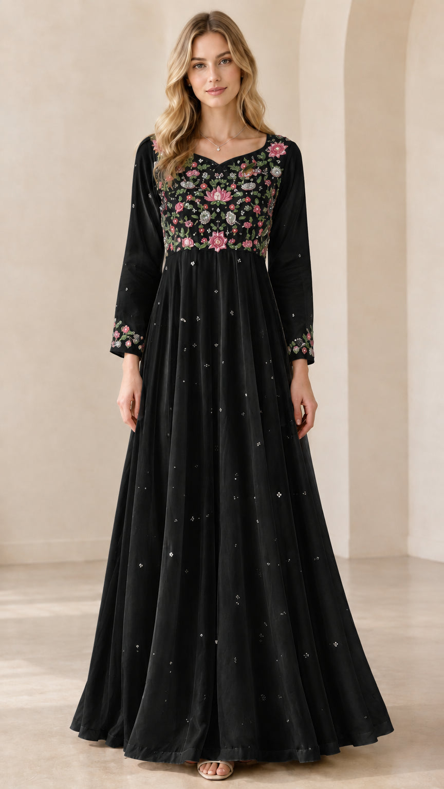 Black floral embroidered long sleeve maxi dress