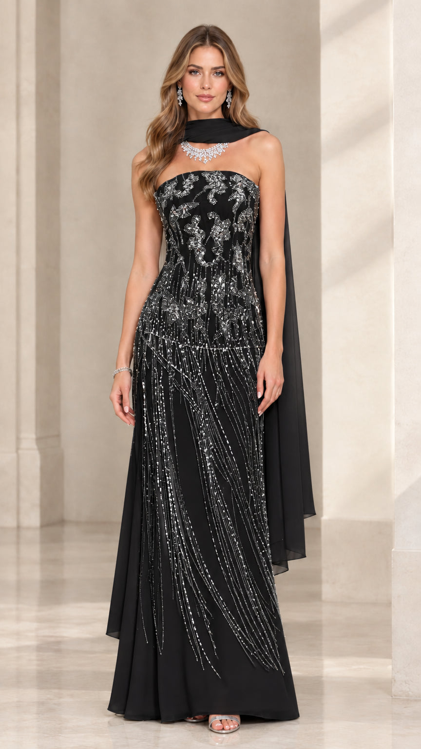 Black strapless beaded evening gown with matching neck drape