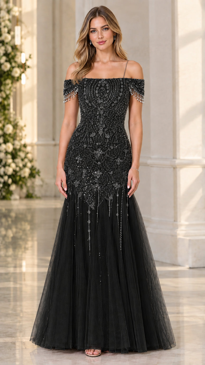 Black off-the-shoulder beaded mermaid formal gown front view