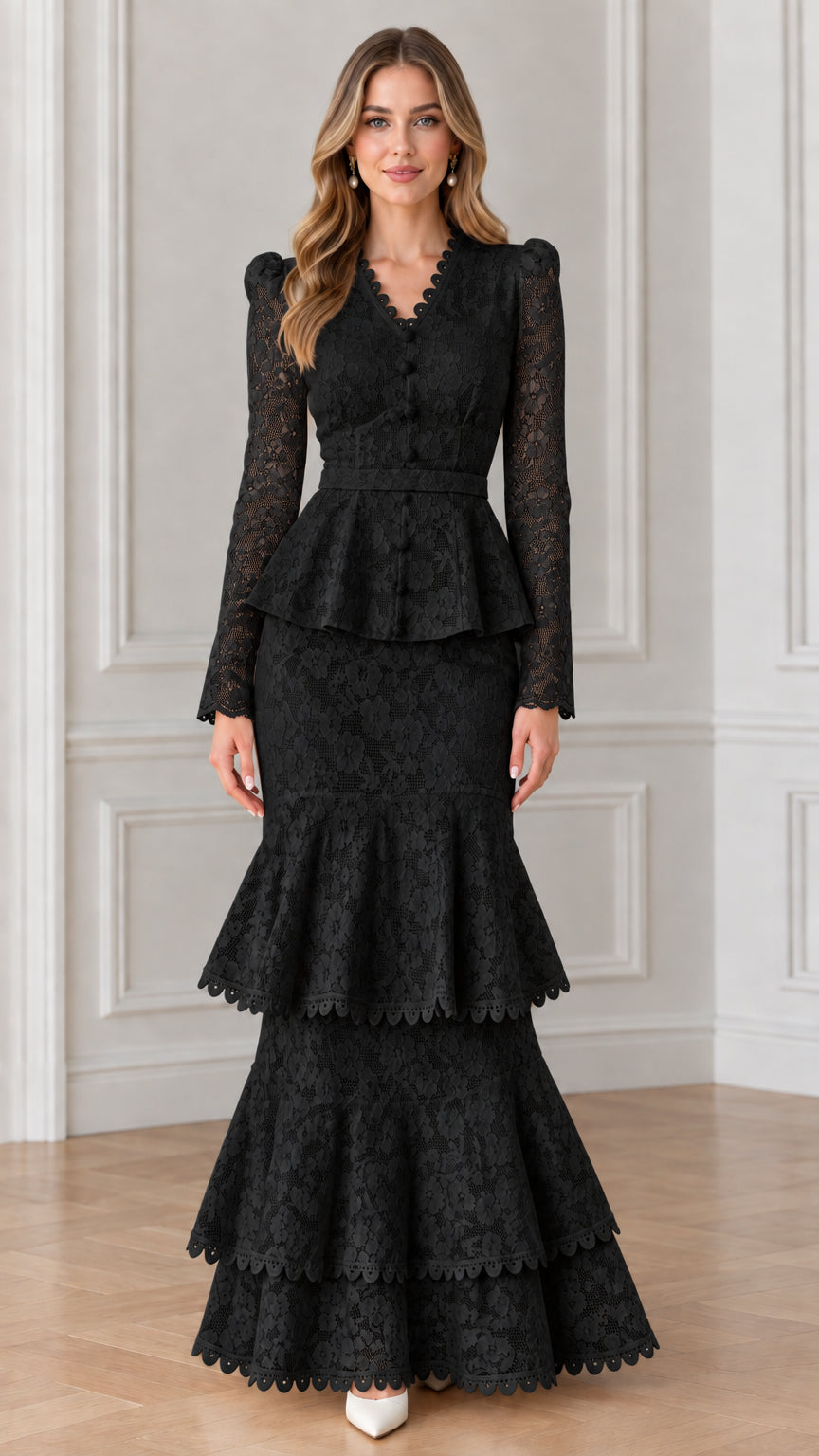 Front view of woman wearing black floral lace peplum tiered mermaid evening dress