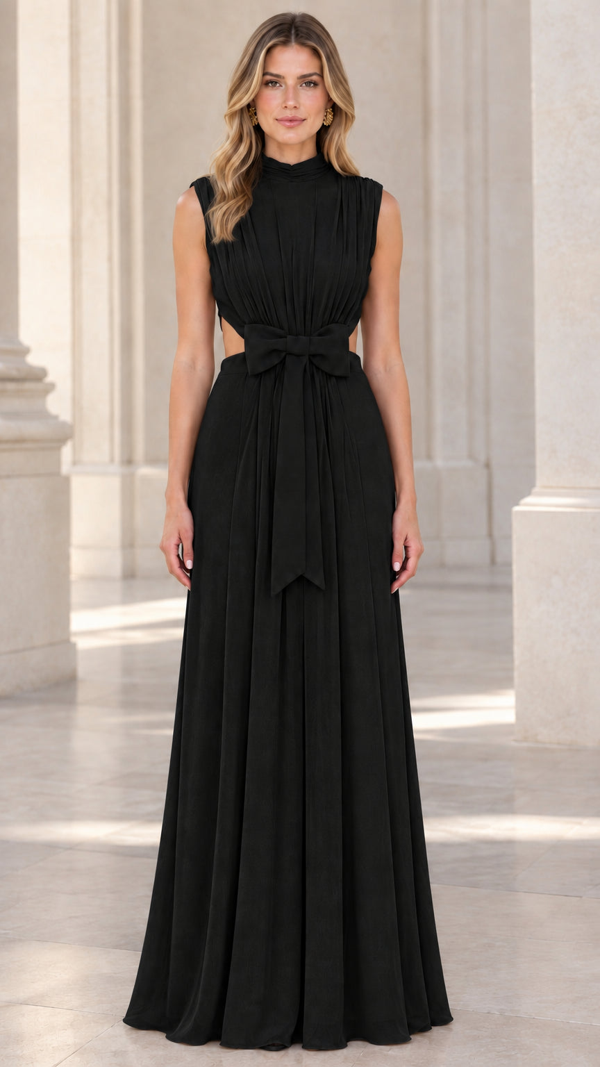 Front view of model wearing black high neck pleated maxi dress with bow