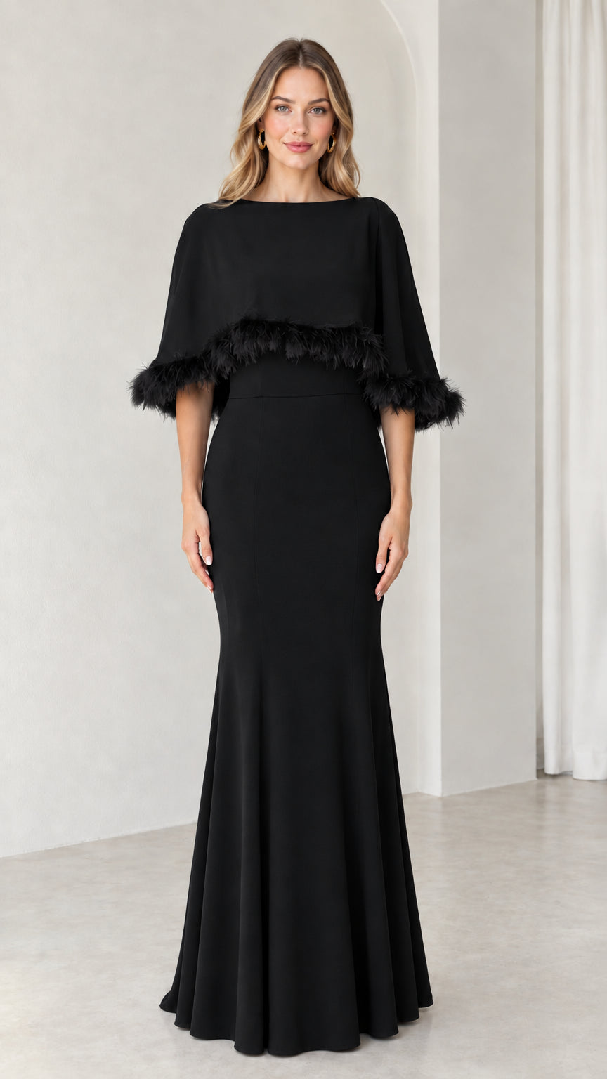 Black feather trim capelet floor-length mermaid evening gown