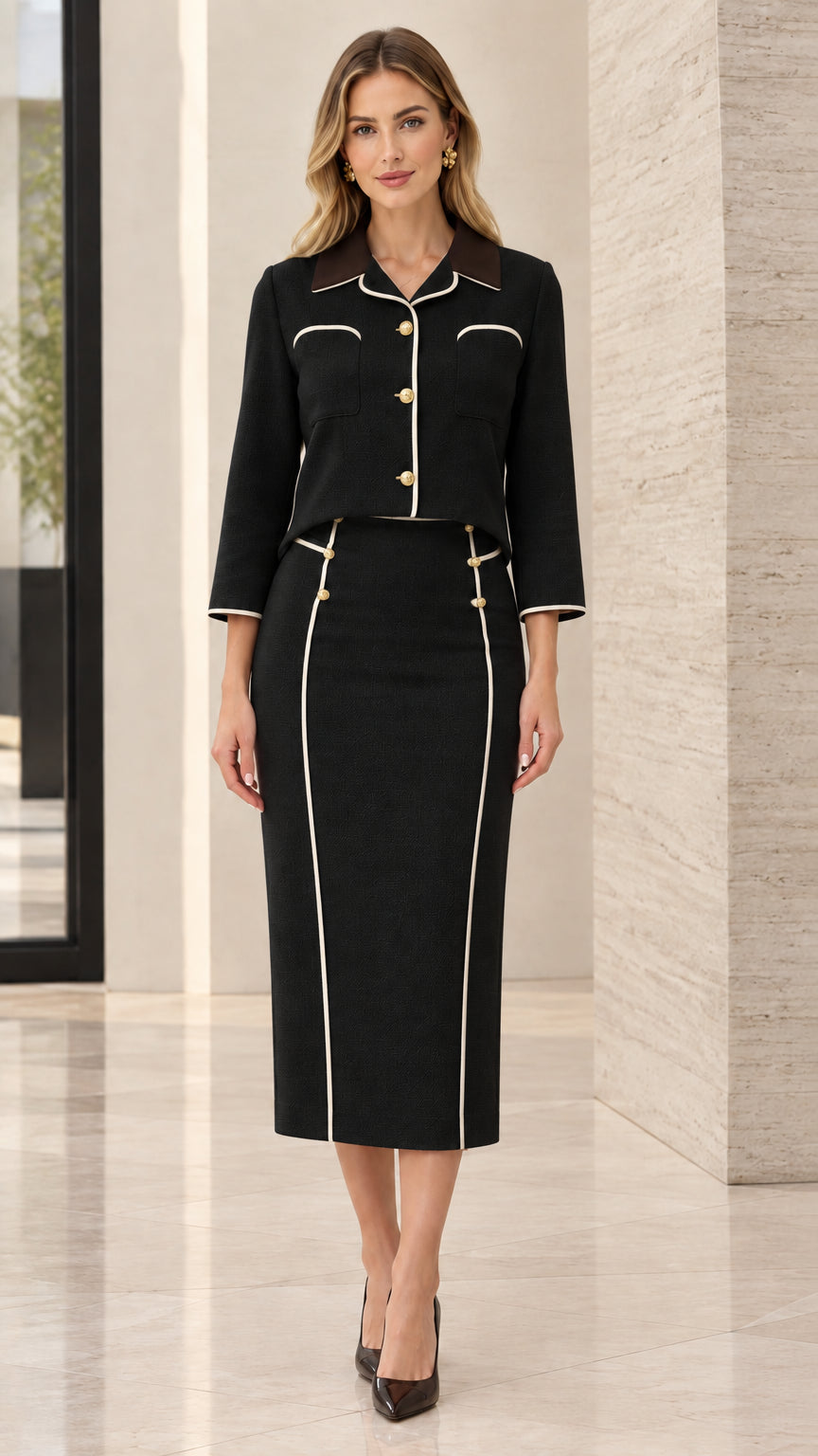 Front view of black two-piece skirt suit with white contrast trim and gold buttons