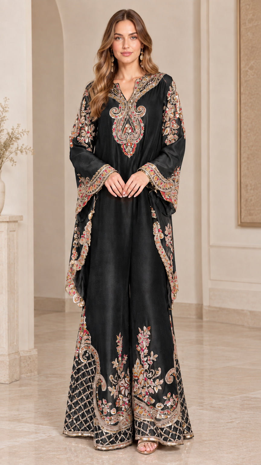 Black embroidered V-neck tunic and wide-leg pants set