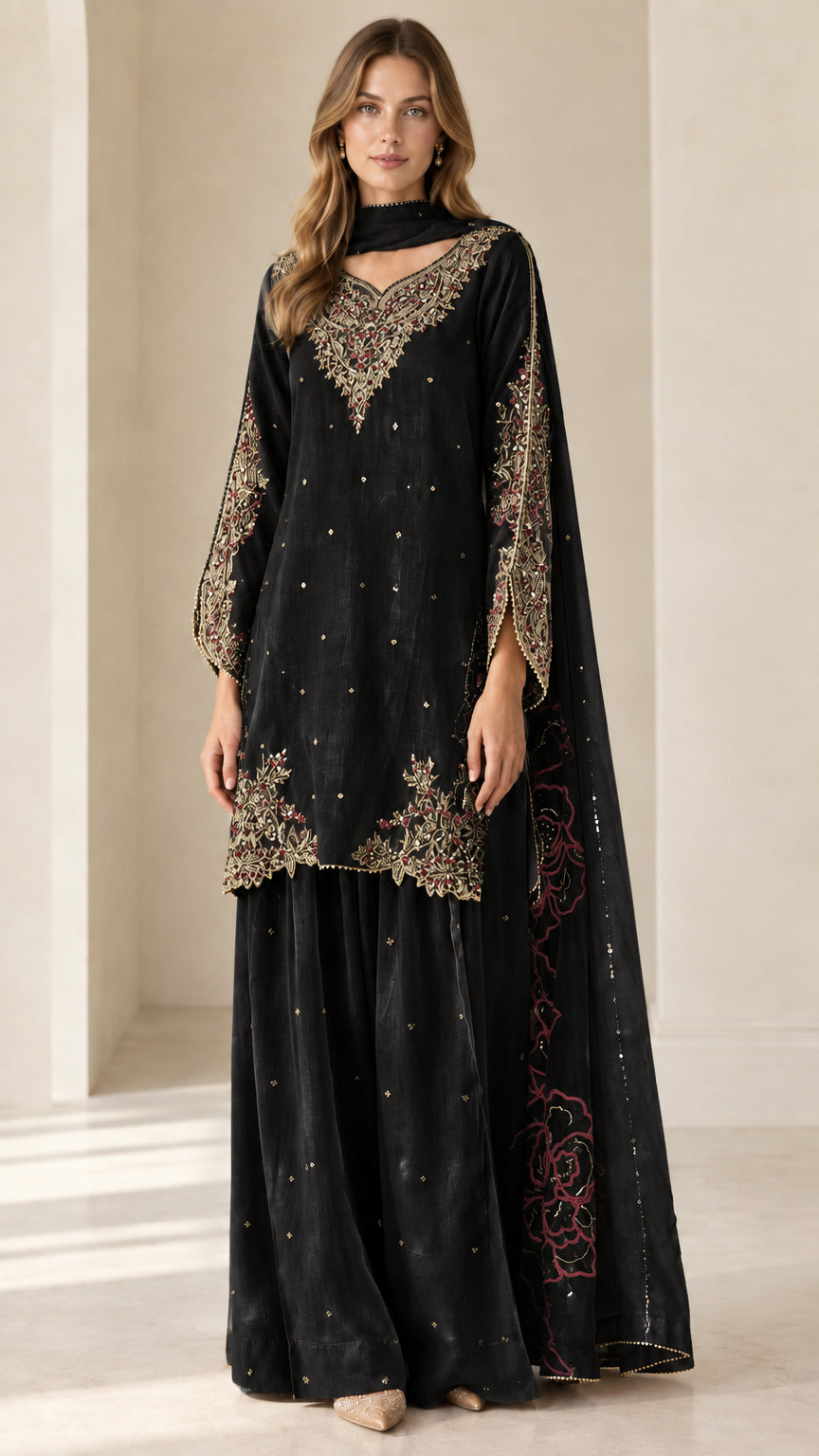 Front view of black embroidered kurta sharara suit set with sheer dupatta